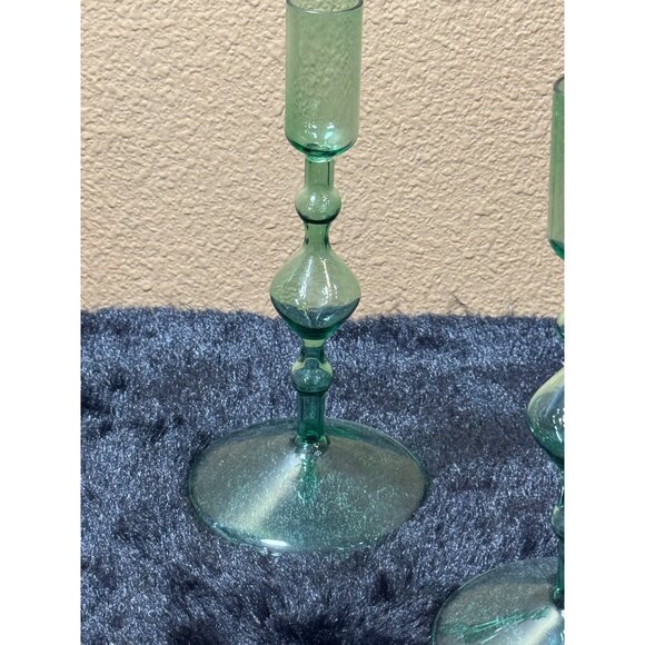 Poketo Glass Candlesticks Holder Green Set Of 2 With Elegant Design 8" - Picture 3 of 8